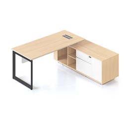 Rapidline Casa Executive Desk + RHS Cabinet + Panel Loop Leg 2000W x 1800D x 748mmH Oak/Blk