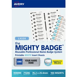 Avery Mighty Badge Printable Inserts Laser White 71206 76.2 x 25.4 mm 20UP 100 Inserts